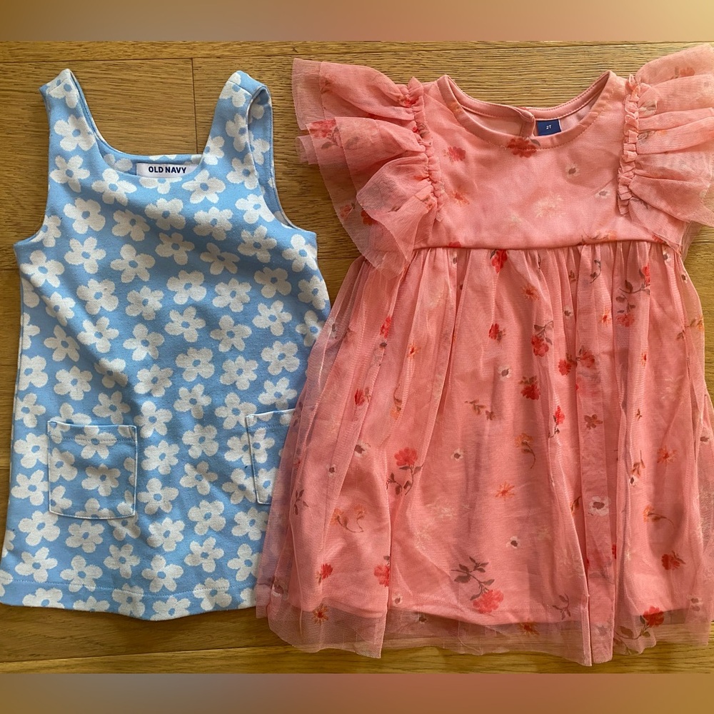 Old Navy Girls 2T Dress bundle blue daisies and ruffle sleeve pink floral GUC